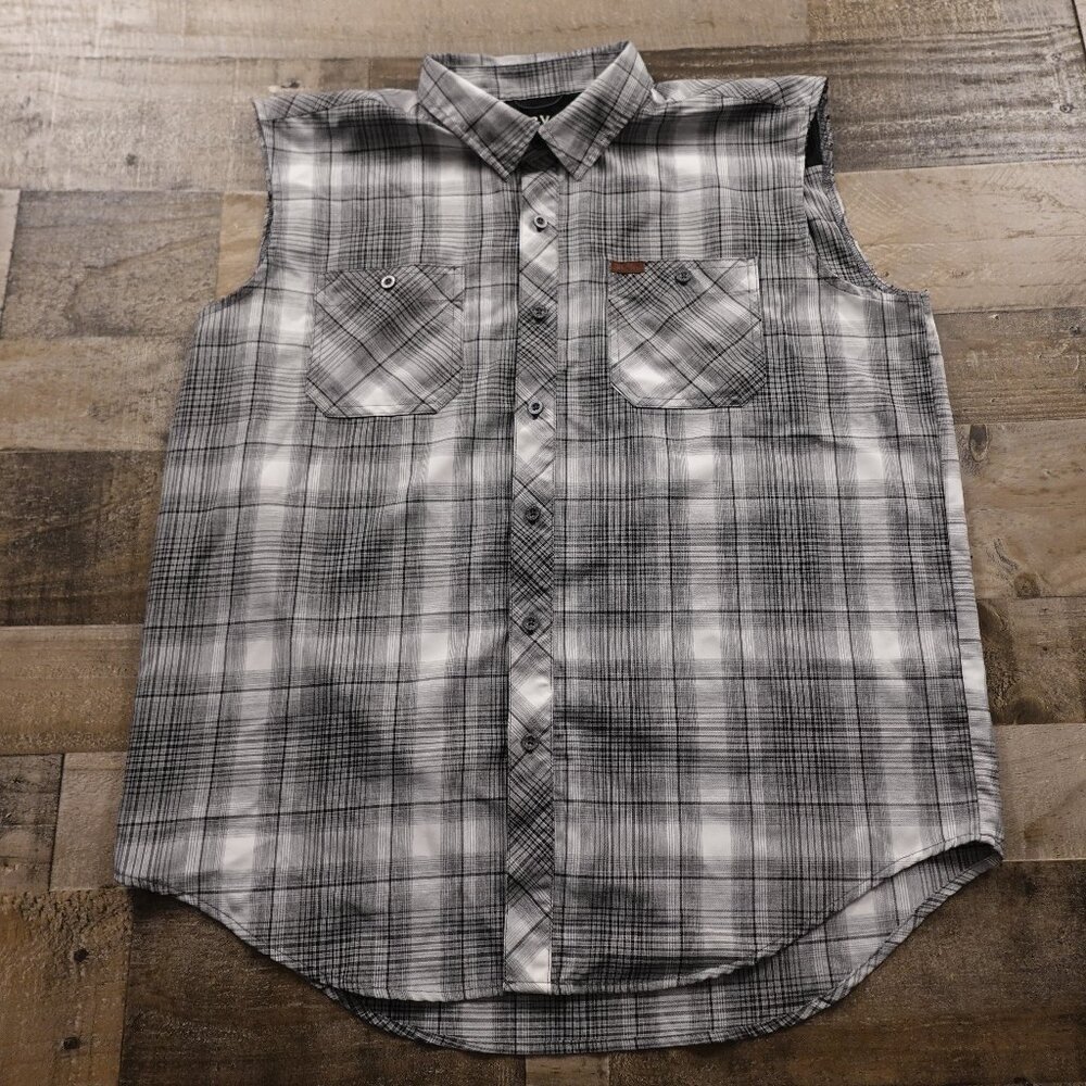 Orvis cut off sleeve shirt‎ vest men's extra large white gray plaid